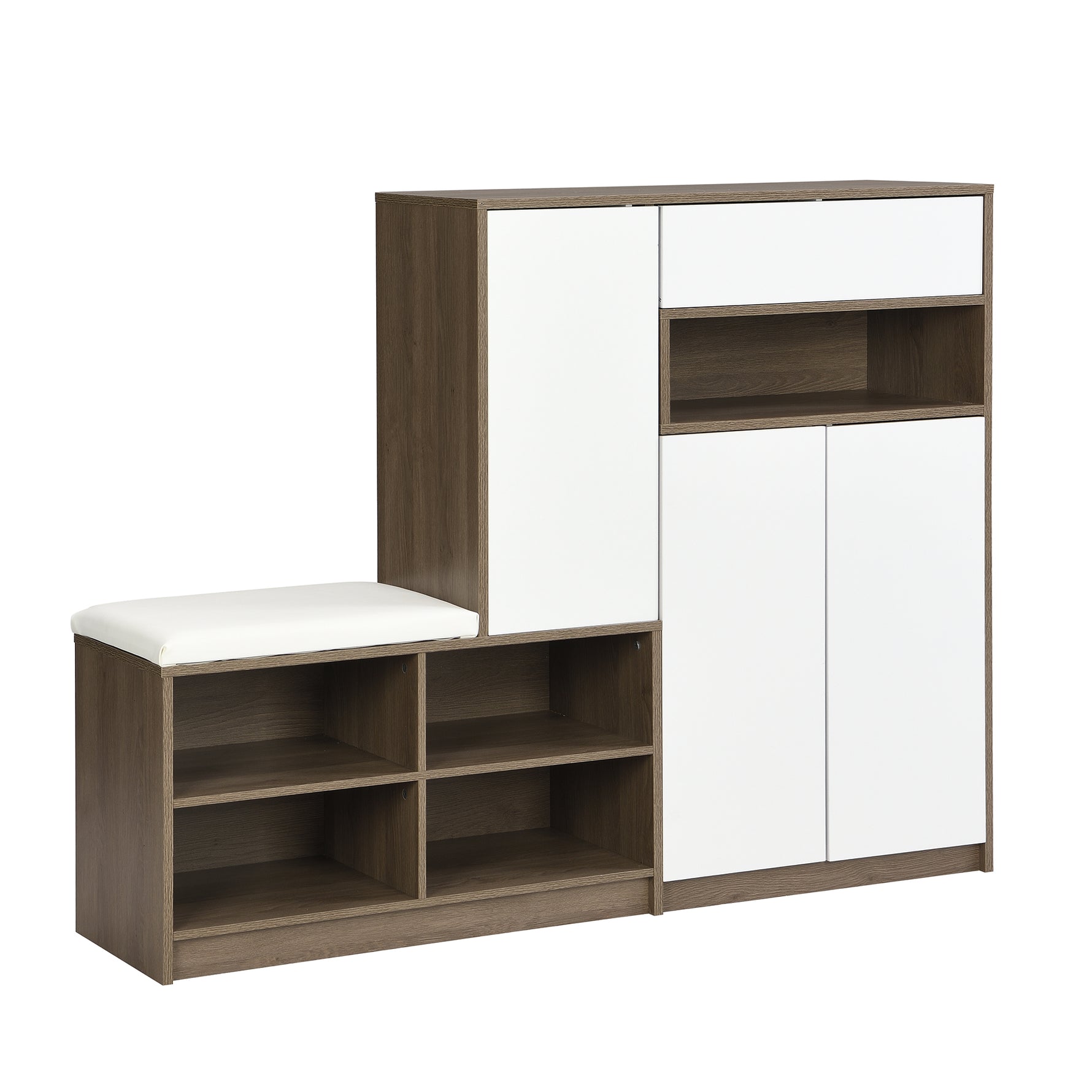 Plateforme et meuble à chaussures 2-en-1 eprolo blanc avec sièges rembourrés et étagères ajustables pour rangement pratique.