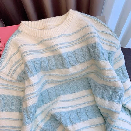 Striped French Cream Autumn Winter Sweater Loose Top