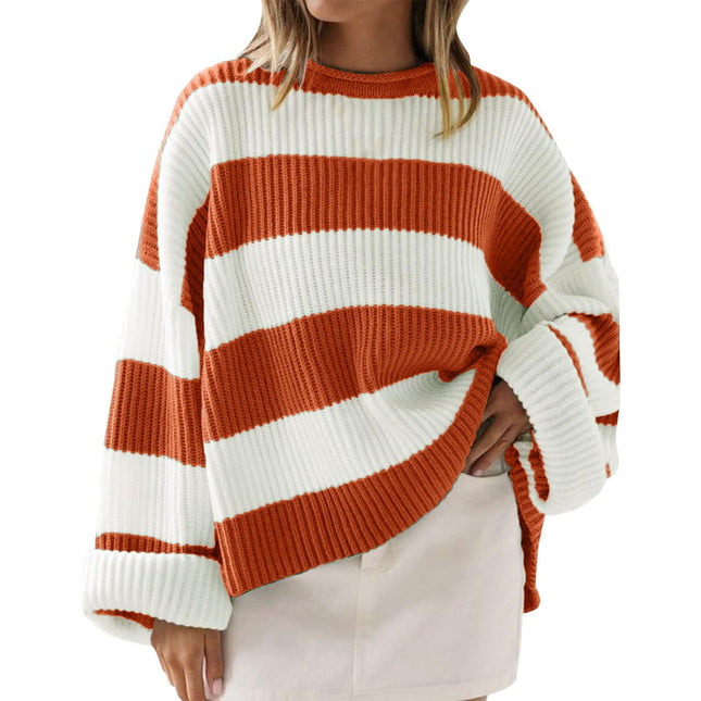 Women's Round Neck Long Sleeve Striped Loose Sweater
