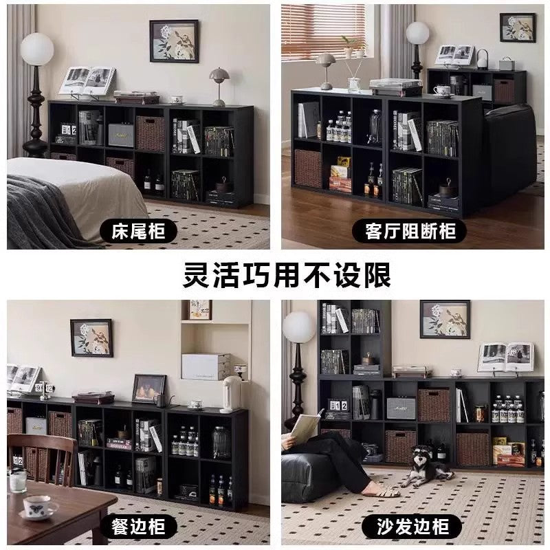 Bibliothèque noir eprolo, meuble de rangement sur pied avec grille murale pour chambre ou salon, étagères solides.
