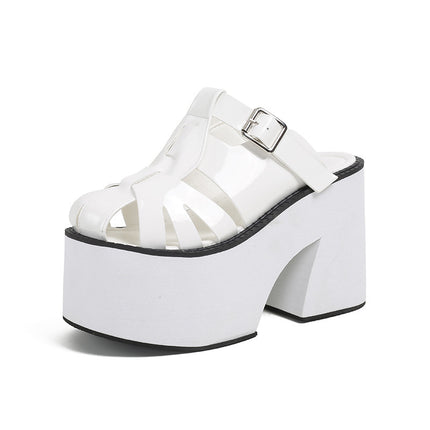 Super High Heel Platform Slippers Patent Leather Hollowed Toe Box Chunky Heel