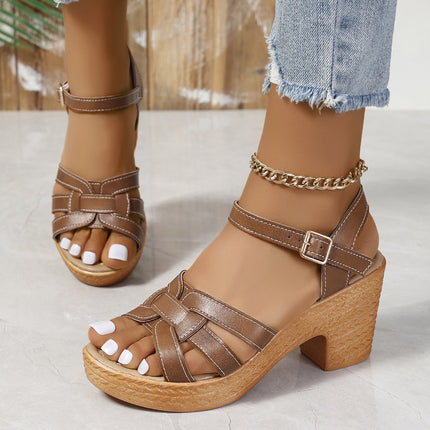 Plus Size Roman Women's Peep Toe Chunky Heel Buckle High Heel Sandals