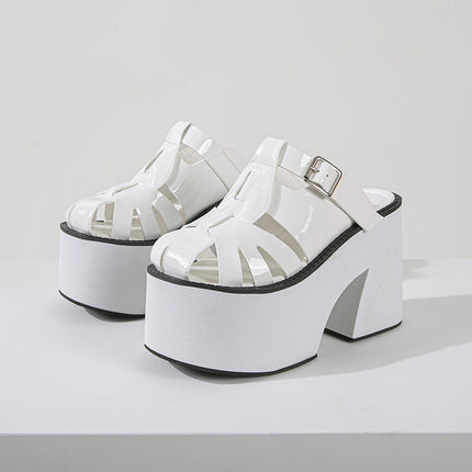 Super High Heel Platform Slippers Patent Leather Hollowed Toe Box Chunky Heel