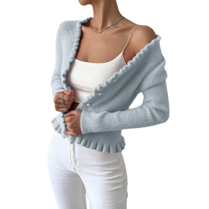 Knitted Cardigan Gentle Temperament Wooden Ear Pearl Buckle Sweater For Women