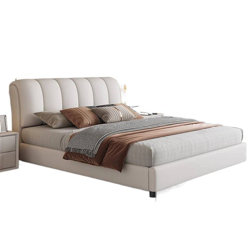 Lit double moderne pour petit appartement, cadre en bois solide, rangement intégré, matelas rembourré, style épuré, par eprolo.
