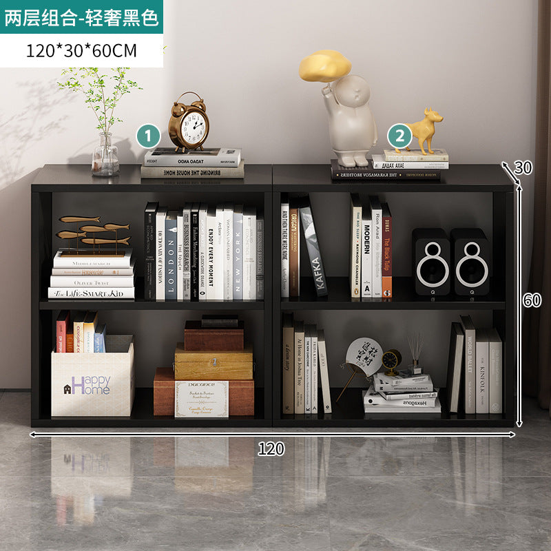 Bibliothèque eprolo noire avec rangement à grille, meuble de sol pour chambre ou salon, espace de stockage pratique.