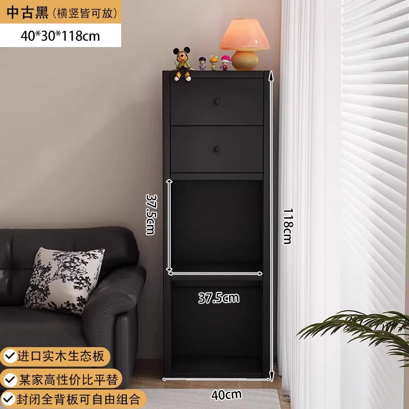 Bibliothèque eprolo noire avec rangement sur pied, grille murale, idéale pour chambre ou espace de rangement.