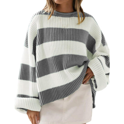Women's Round Neck Long Sleeve Striped Loose Sweater