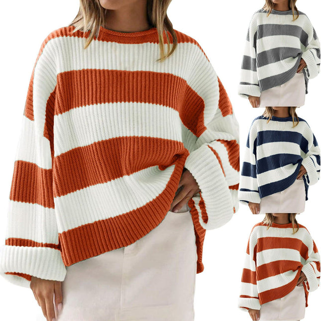 Women's Round Neck Long Sleeve Striped Loose Sweater