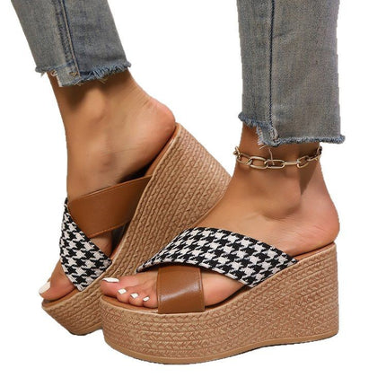 Cross Leopard Plaid Wedge Sandals