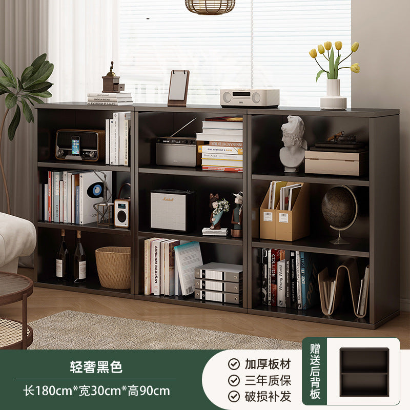 Bibliothèque noire eprolo avec étagères en grille pour rangement au sol dans la chambre ou le salon.