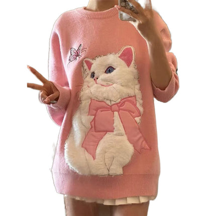 Autumn And Winter Thickening Sweater Dopamine Wear Salt Cute Flocking Cat Design Sweet Girl Style