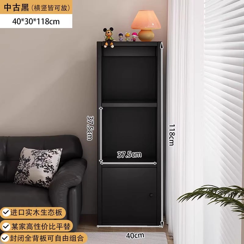 Bibliothèque noire eprolo avec étagères en grille pour rangement au sol, idéale pour chambre ou espace de vie.