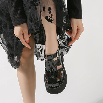 Super High Heel Platform Slippers Patent Leather Hollowed Toe Box Chunky Heel