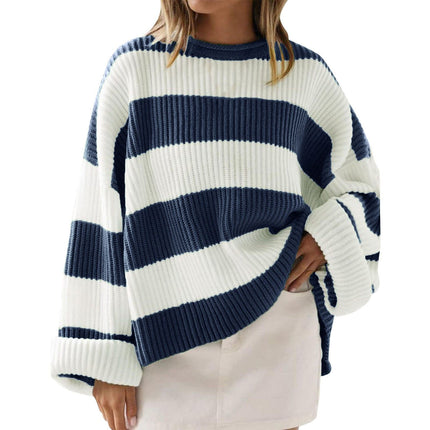 Women's Round Neck Long Sleeve Striped Loose Sweater