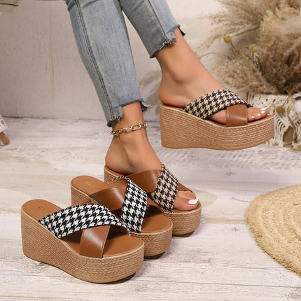 Cross Leopard Plaid Wedge Sandals