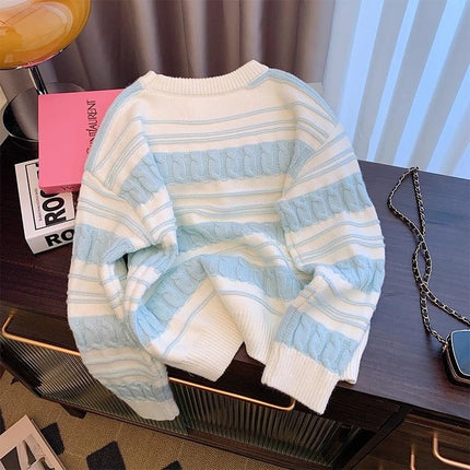 Striped French Cream Autumn Winter Sweater Loose Top