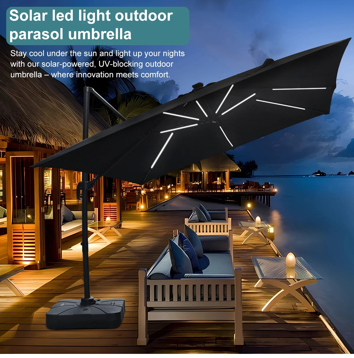 Parasol moderne ModernGarden Bali de la marque Novah, avec toile beige et structure en bois, idéal pour extérieur.
