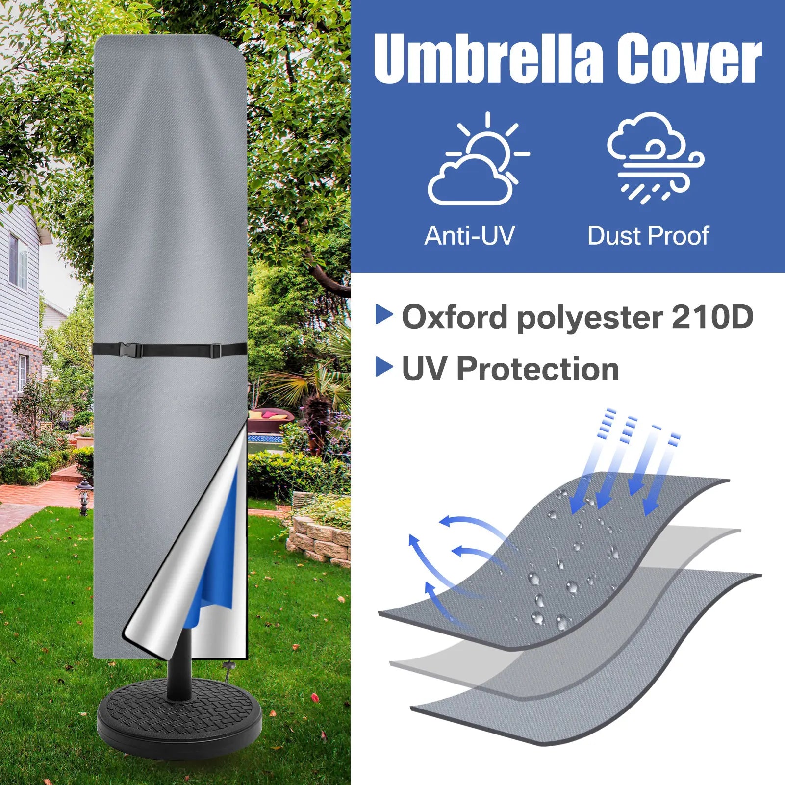 Housse de protection imperméable pour parasol droit Novah, couvre parasol étanche pour protection extérieure.