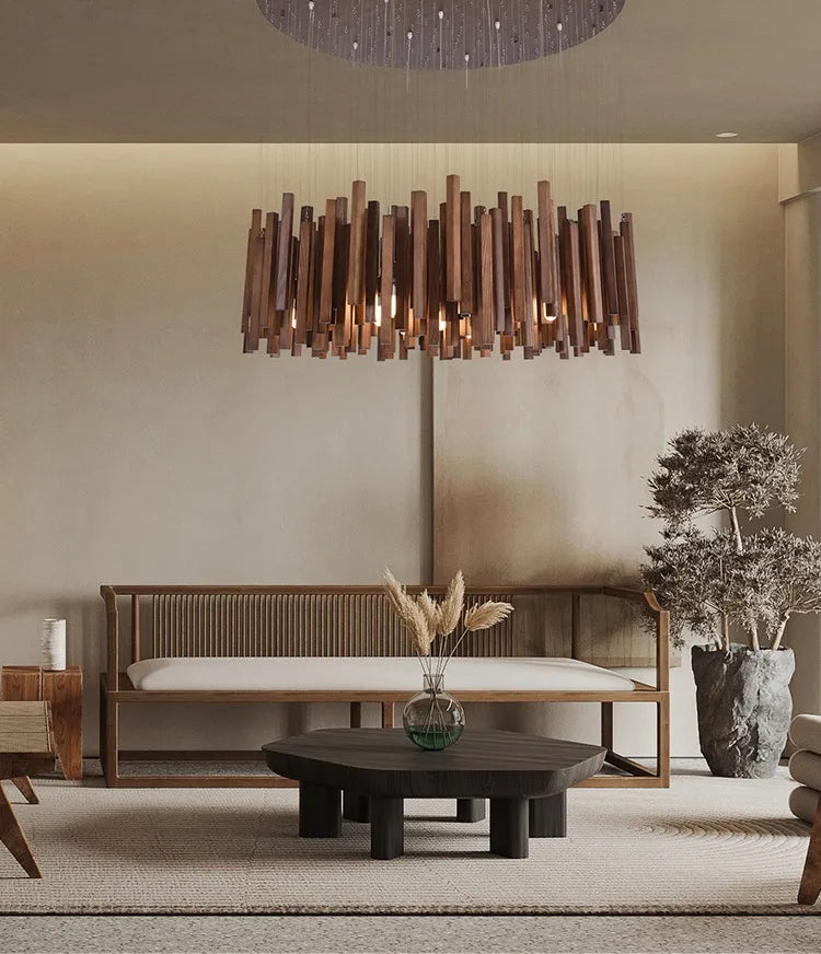 Lustre en bois de style ferme pour restaurant, design rustique, avec branches en bois et bougeoirs, par Novah.