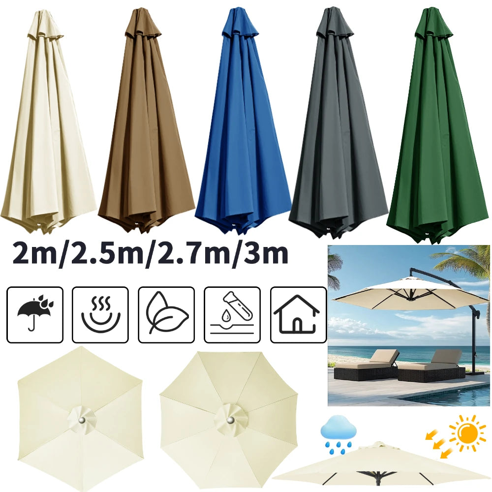 Canopée de parasol universelle Novah, remplacement pour parasol, tissu résistant, couleur beige, vue de face sur le parasol.