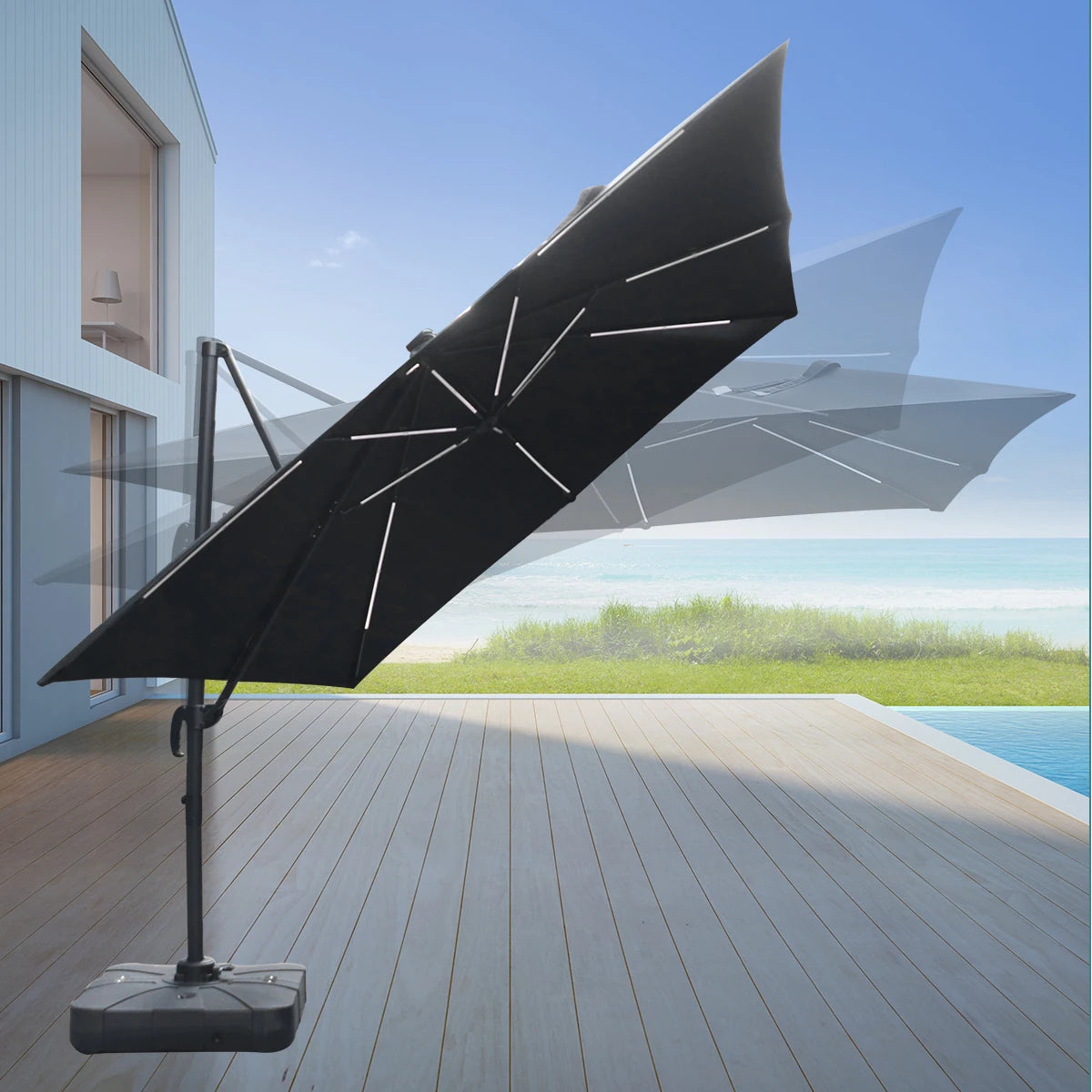 Parasole ModernGarden Bali de Novah, grand parasol moderne avec structure en bois et tissu beige pour espace extérieur élégant.
