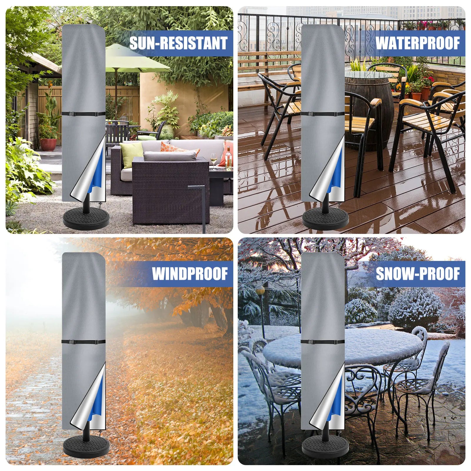 Housse imperméable pour parasol droit Novah, protection résistante aux intempéries, en tissu durable et flexible.