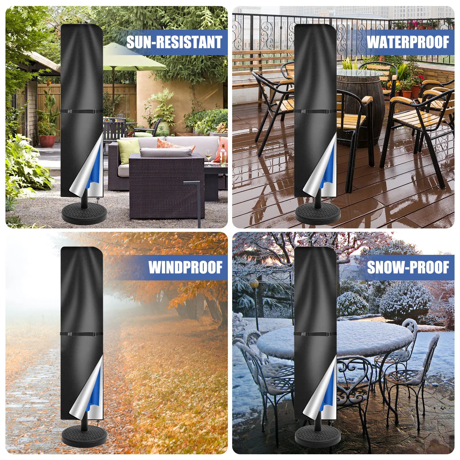 Housse de protection imperméable pour parasol droit Novah, couvre le parasol avec tissu résistant aux intempéries.