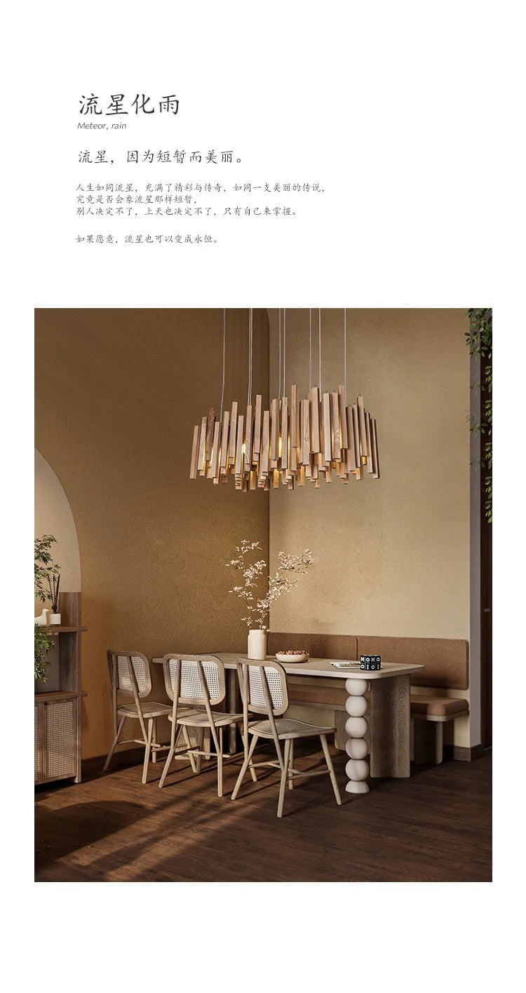 Lustre en bois de style ferme pour restaurant, conçu par Novah, avec branches en bois naturel et ampoules suspendues.