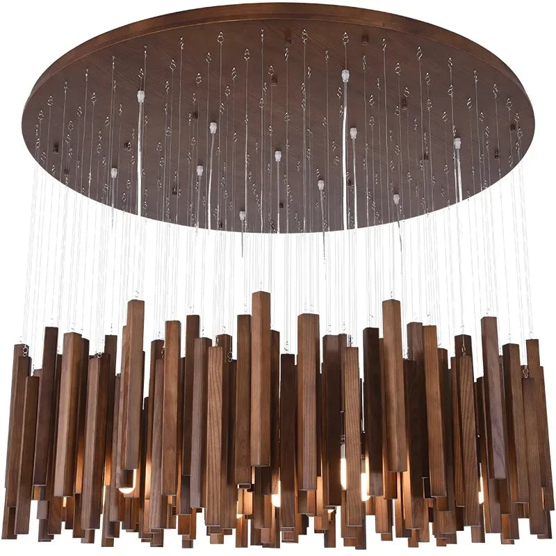 Lustre en bois de style ferme pour restaurant, éclairage suspendu avec cadre en bois robuste, par Novah.