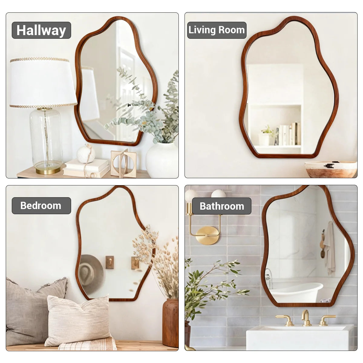 Miroir mural irrégulier avec cadre en bois ondulé, design moderne, miroir décoratif de la marque Novah, reflet visible dans l'image