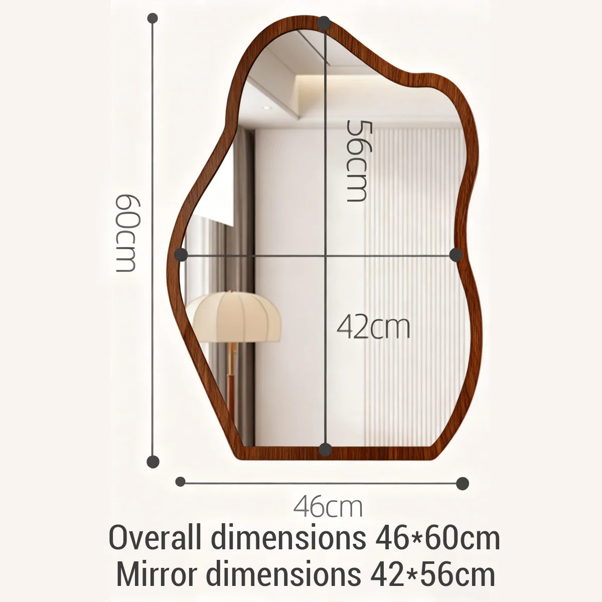 Miroir mural irrégulier avec cadre en bois ondulé, design moderne, reflet dans un intérieur contemporain, par Novah