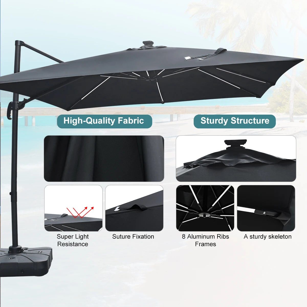 Parasol modern Bali ModernGarden Novah avec structure en bois et toile beige pour extérieur.