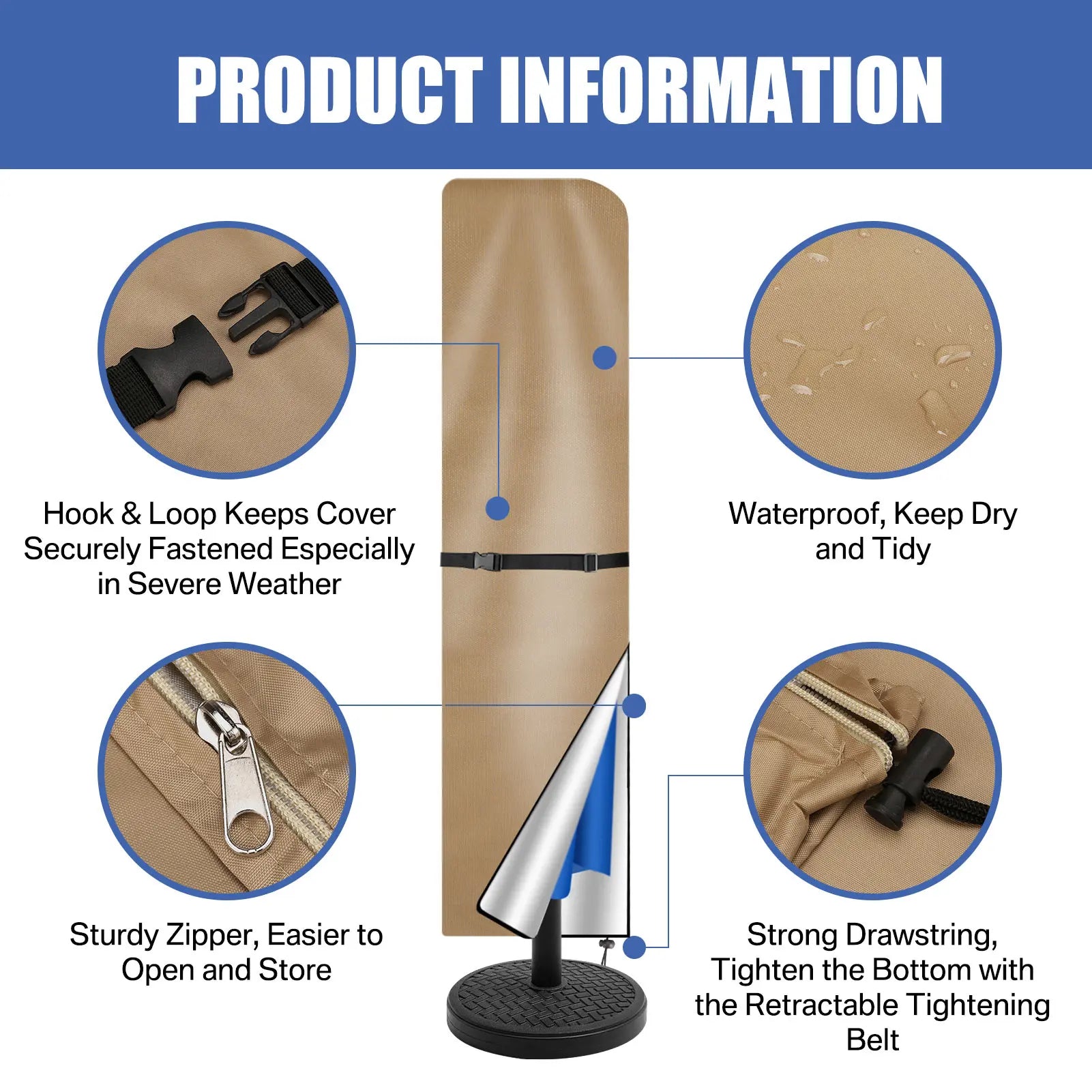 Housse de protection imperméable pour parasol droit Novah, couverture résistante pour parasol en plein air