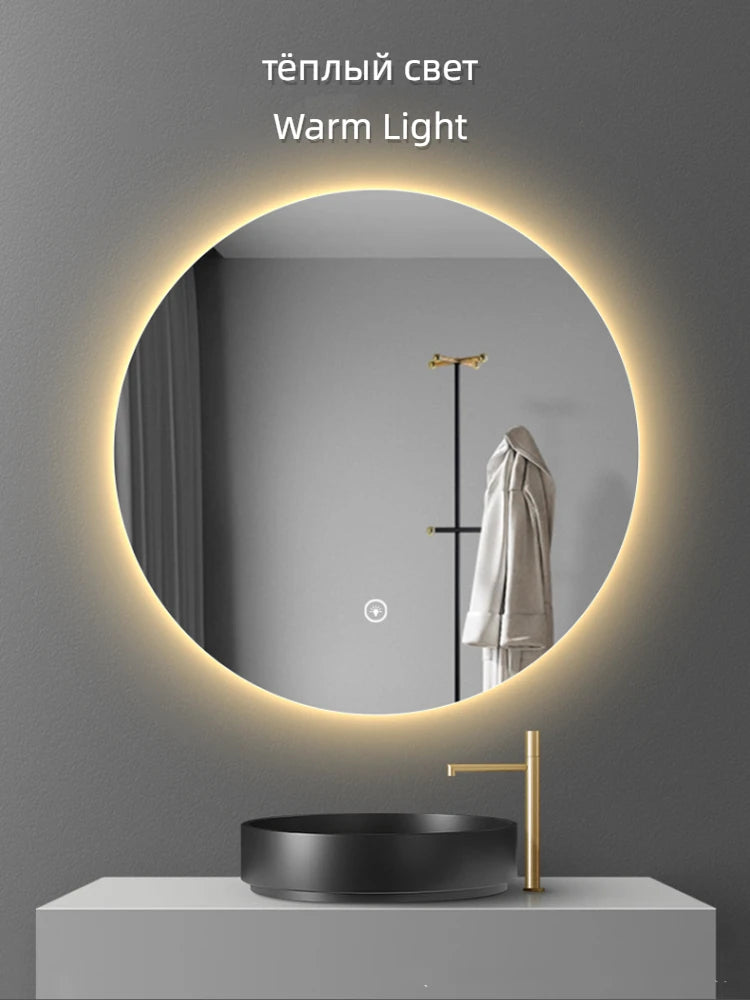 Miroir de salle de bain rond rectangulaire fixé au mur, marque Novah, avec cadre élégant et surface réfléchissante brillante.