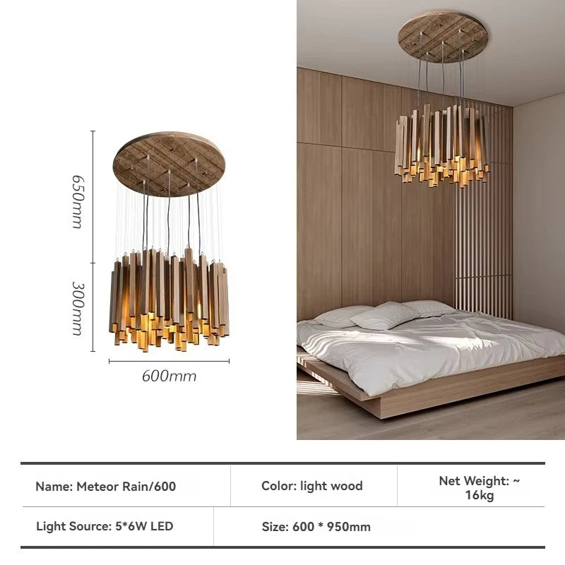 Lustre en bois de ferme pour restaurant, modèle Novah, avec branches en bois et éclairage suspendu, décoration rustique élégante.