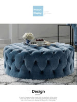 Pouf rond en velours moderne de la marque Novah, assise élégante et confortable, en tissu velours bleu clair.