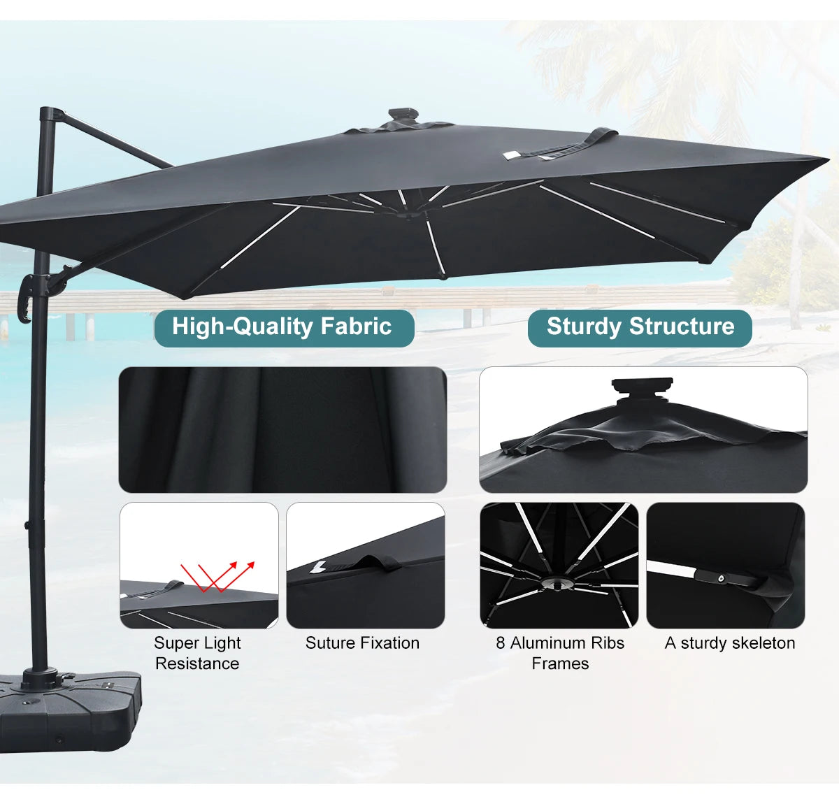 Parasol moderne ModernGarden Bali de la marque Novah, grand parasol d'extérieur avec tissu beige et structure en bois.