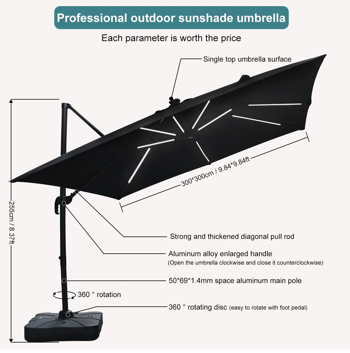Parasole Bali ModernGarden Novah, grand parasol extérieur avec toile résistante, idéal pour terrasse ou jardin, couleur neutre.