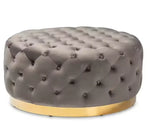 Pouf rond en velours moderne Novah, ottoman rond en tissu velours doux, décoration intérieure élégante et contemporaine.