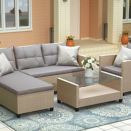 U STYLE Patio Furniture Sets  4PC Wicker Rattan Sofa Conversation Set