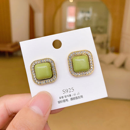 S925 Silver Needle Geometric Opal Temperament Diamond Earrings Simple