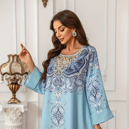 Printed Lace Detail Abaya Long Sleeved Extra Long Dress