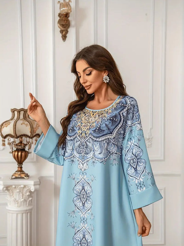 Printed Lace Detail Abaya Long Sleeved Extra Long Dress