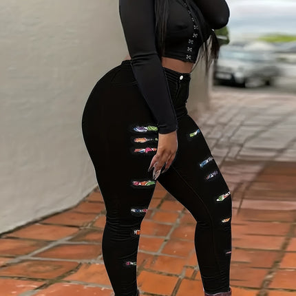 Plus Size Black Color Matching Patch Hole Denim Skinny Pants