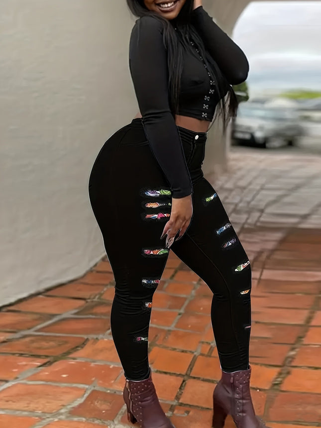 Plus Size Black Color Matching Patch Hole Denim Skinny Pants