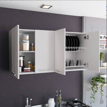 Wall Cabinet Four Doors, With Two Internal Shelves And Internal Plate And Glass Organizer, White