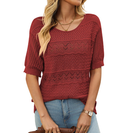 Round Neck Hollow-out Short-sleeved Shirt Knitted Crocheted Sweater