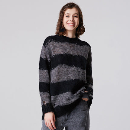 Women's New Mohair Ripped Striped Thin Crew Neck Sweater