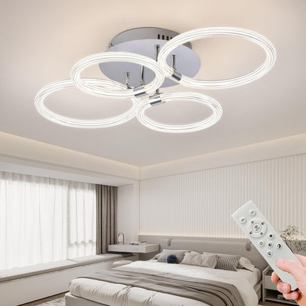 Modern LED Ceiling Light, Flush Mount Ceiling Light With Dimmable Remote Control, 6Rings Acrylic Ceiling Light Fixture For Bedroom, Living Room, Kitchen, Office Lamps 4 Heads